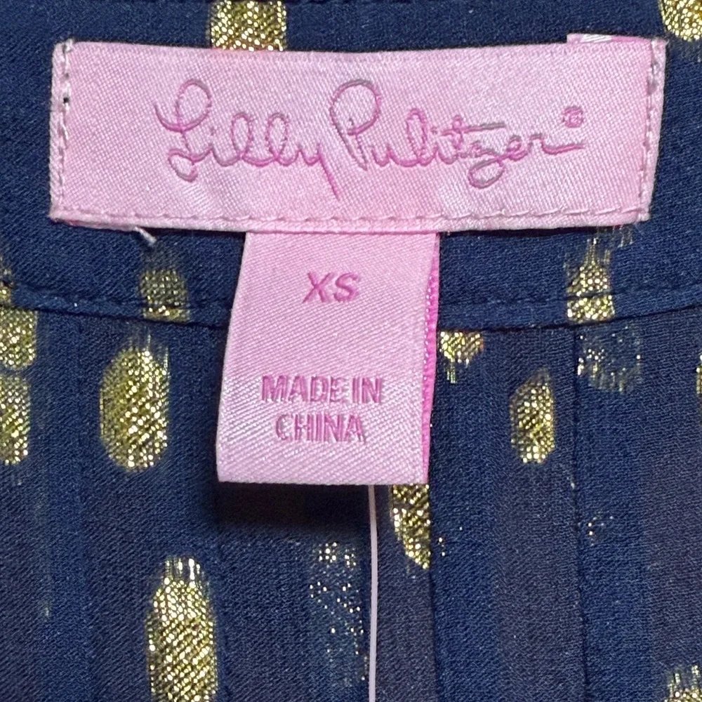 Lilly Pulitzer True Navy Gold Bubble Clip Dot Jacquard Blouse Top XS NWT SILK - Picture 9 of 11